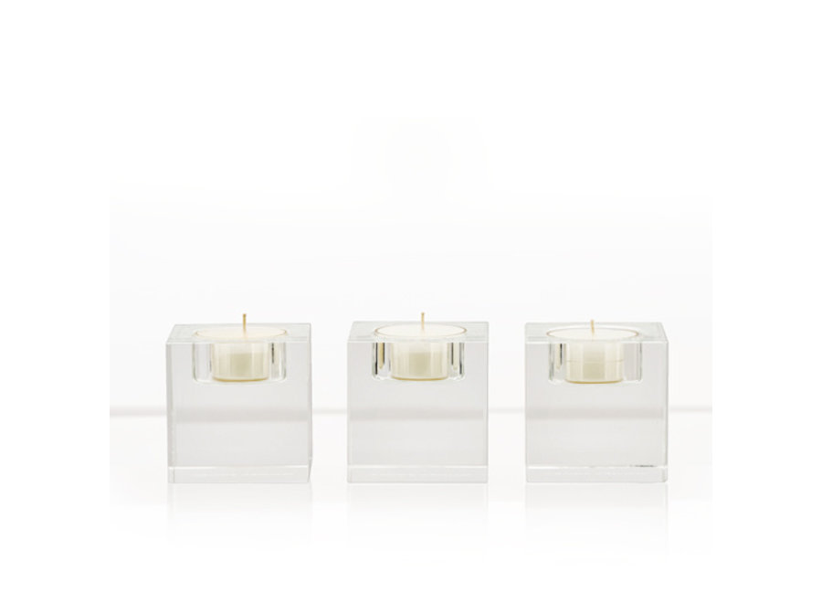 Crystal tealight holders with scented tealights 'Crisp White Linen' - set of 3