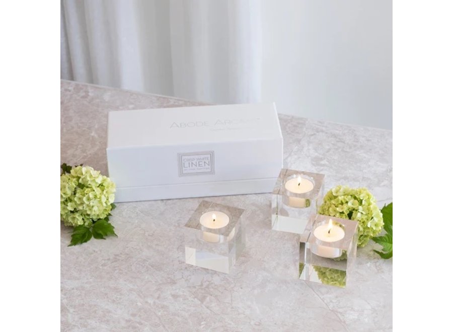 Crystal tealight holders with scented tealights 'Crisp White Linen' - set of 3