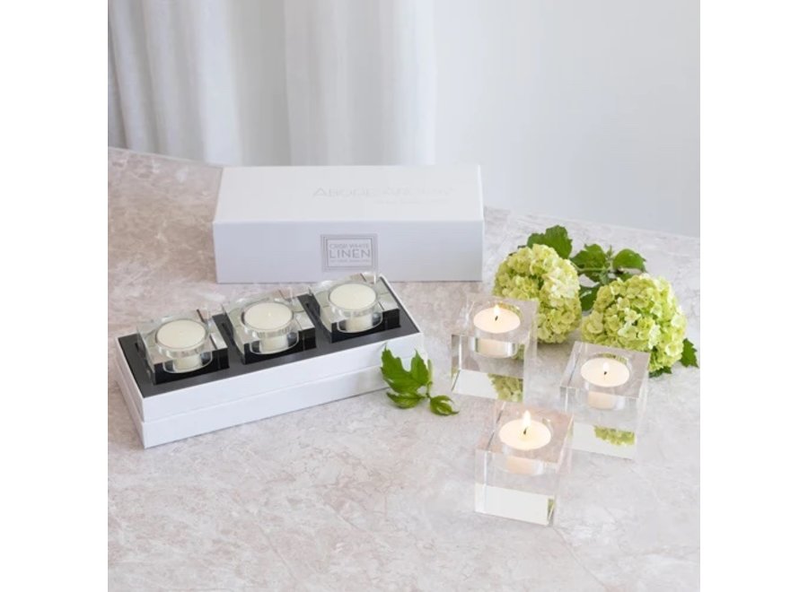 Crystal tealight holders with scented tealights 'Crisp White Linen' - set of 3