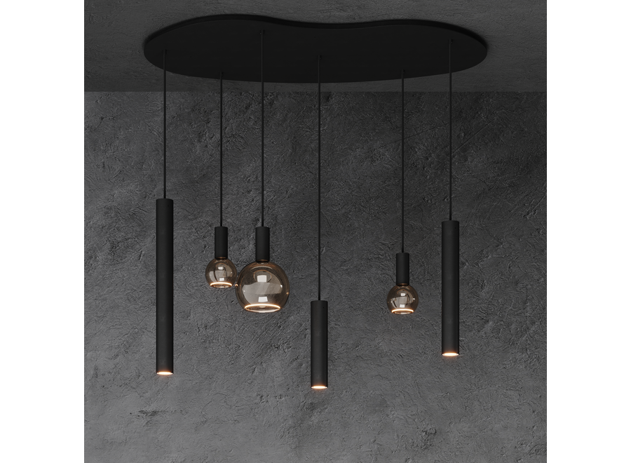 Hanging lamp 'Riva' Organic 140cm - Matt Black - 6 lights Segula light package