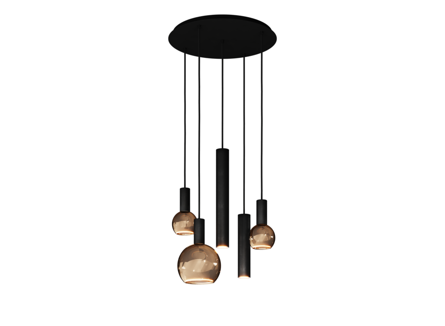 Lampe suspendue 'Riva' Round - Matt Black - 5 lumières Paquet de lumière Segula