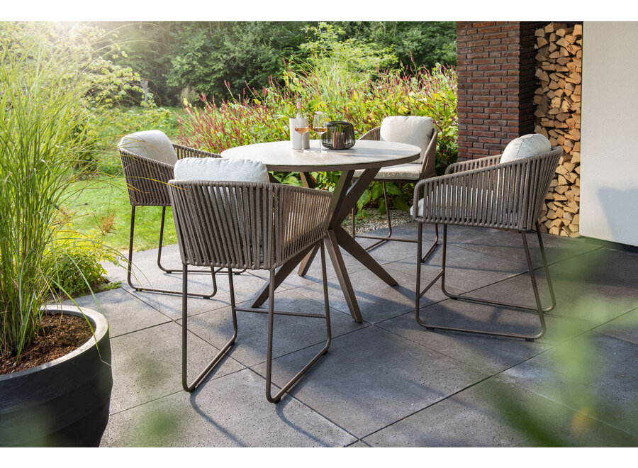 Round high dining table 'Calma' - Bronze/Travertin