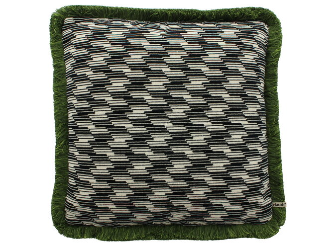 Coussin Stings Black / White + Fringe green