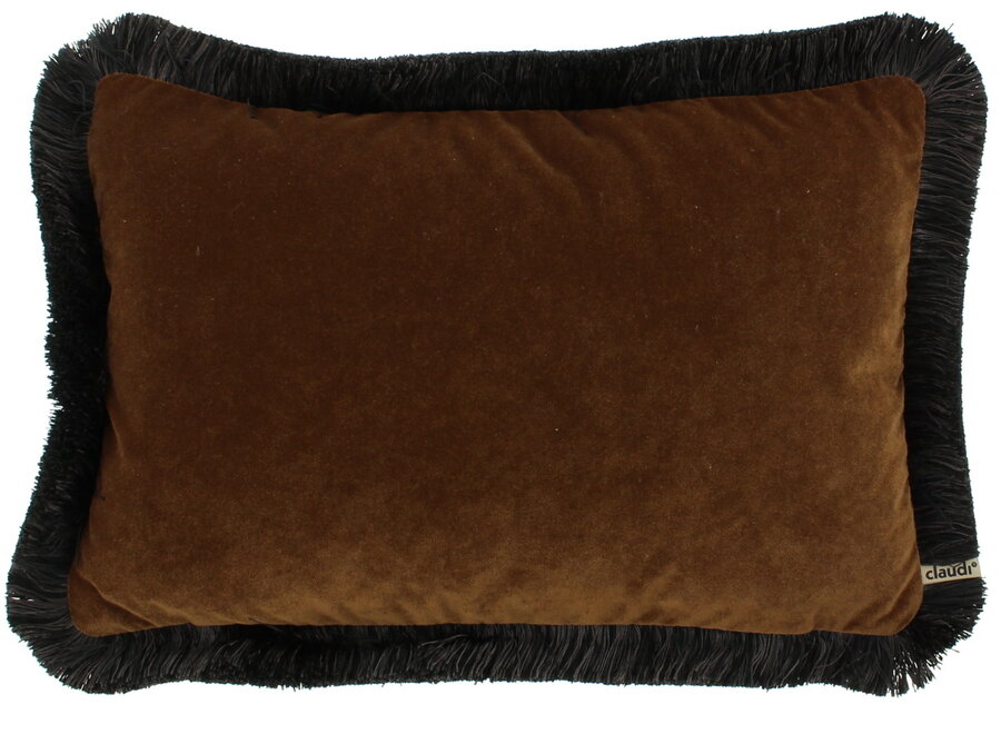 Coussin Rosana Camel + Fringe black / taupe