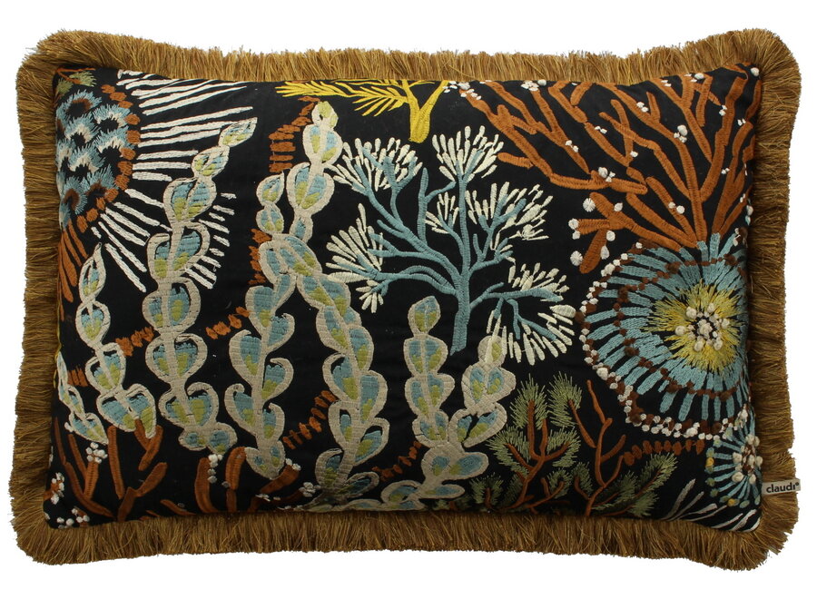 Dekoratives Kissen Moanas Exclusive Black / Olive + Fringe dark gold