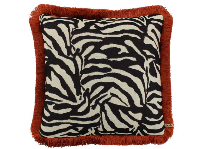 Kissen Zebby Black / White + Fringe rust