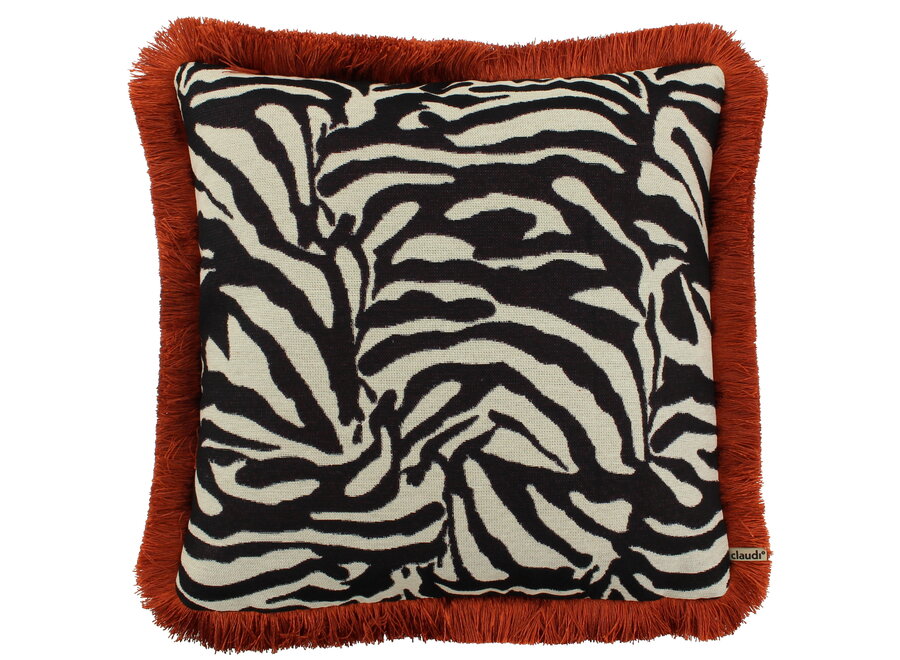Sierkussen Zebby Black / White + Fringe rust
