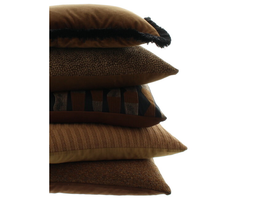 Coussin décoratif Rosana Camel + Fringe black / taupe