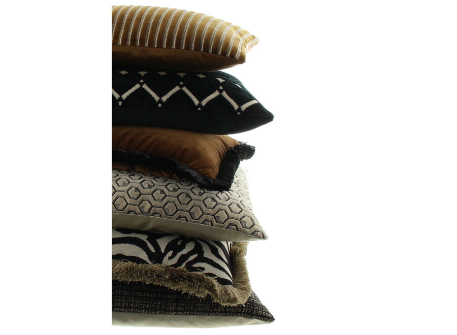 Coussin décoratif Rosana Camel + Fringe black / taupe