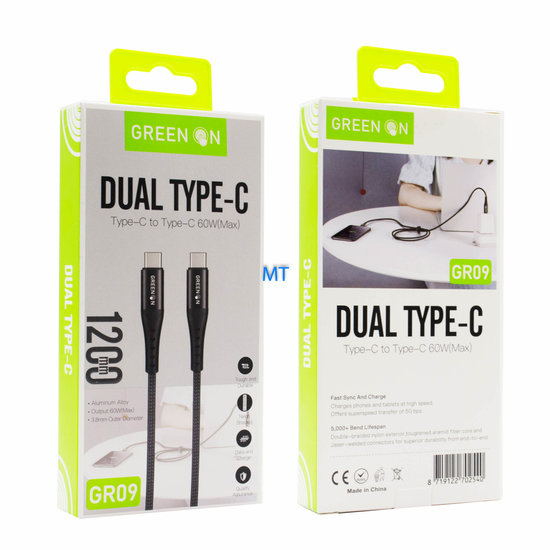 GREEN ON Dual Cable USB-C To USB-C 60W 1.2M GR09