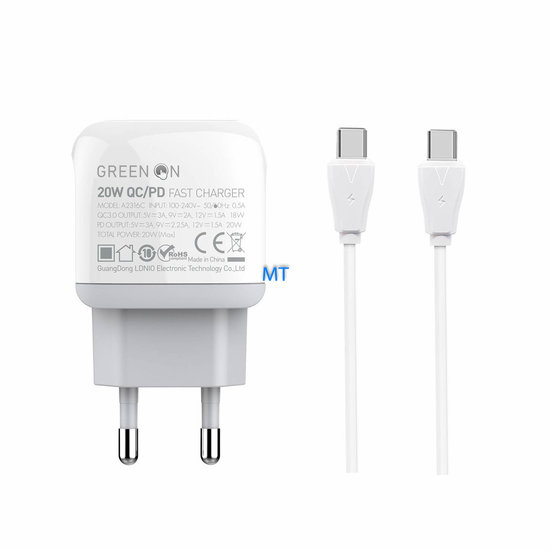 GREEN ON 20W Dual PD + QC3.0 Travel Charger A2316C-EU USB-C To USB- C
