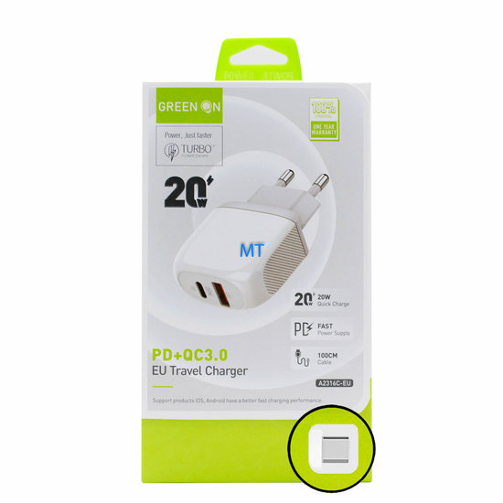 GREEN ON 20W Dual PD + QC3.0 Travel Charger A2316C-EU USB-C To USB- C