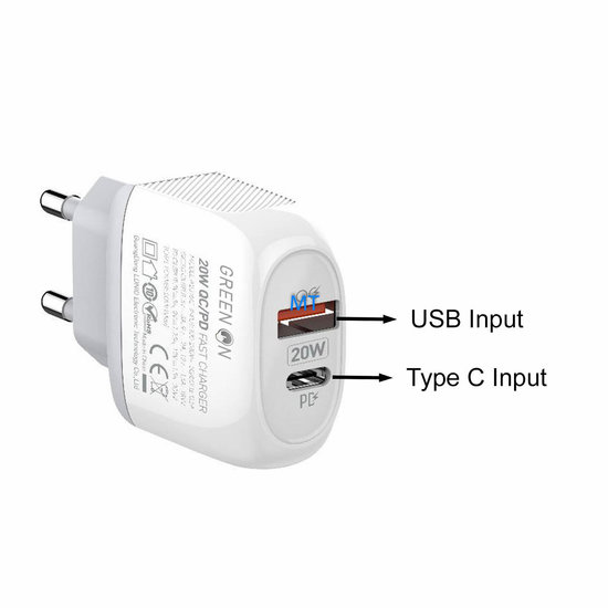 GREEN ON 20W Dual PD + QC3.0 Travel Charger A2316C-EU Lightning