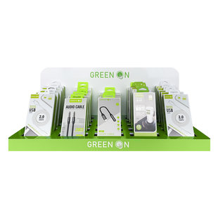 GREEN ON TABLE DISPLAY 25X ITEMS /USB CABLE/DUAL CAR CHARGER/HOLDER/AUX CABLE/AUDIO CONVERTER