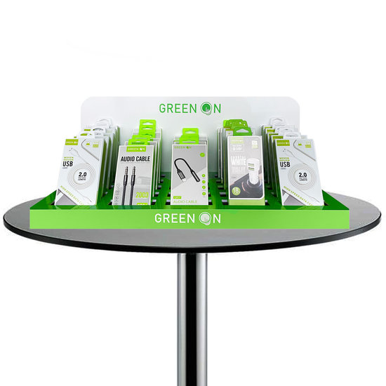GREEN ON TABLE DISPLAY 25X ITEMS /USB CABLE/DUAL CAR CHARGER/HOLDER/AUX CABLE/AUDIO CONVERTER