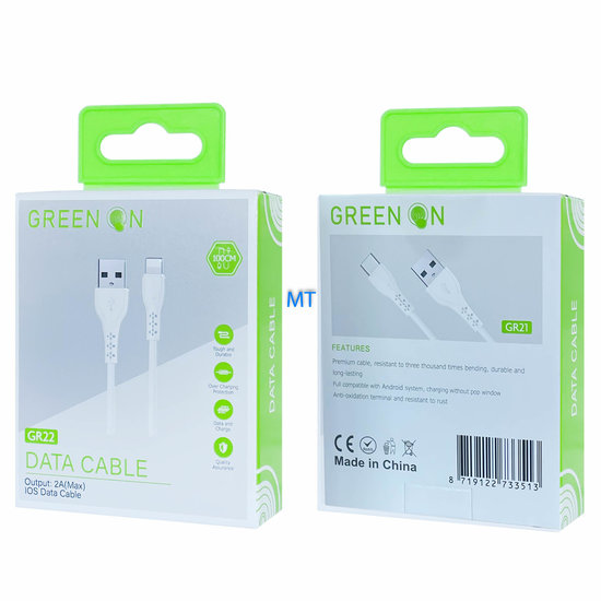 GREEN ON 2A Fast USB - USB C Cable 1M GR21 (Small Packets)