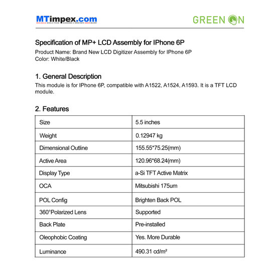 LCD Plus Premium I-Phone 6 Plus Back Plate & Sticker GREEN ON / MTimpex Technology