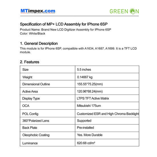 LCD Plus Premium I-Phone 6S Plus Back Plate & Sticker MT Tech