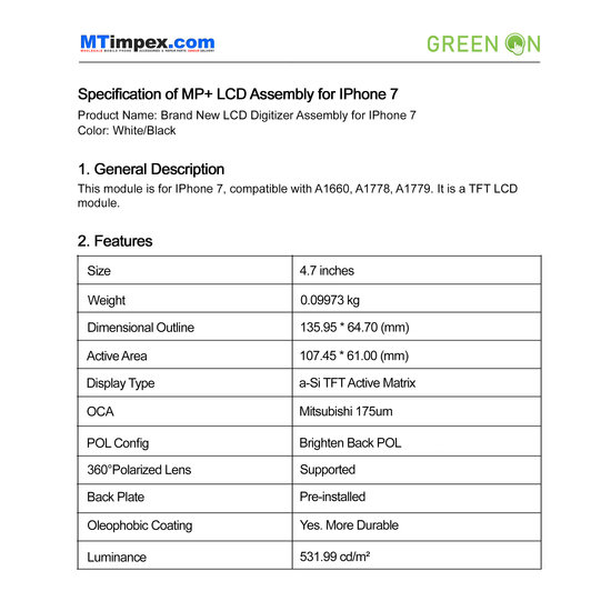 LCD Plus Premium I-Phone 7 Plate & Sticker GREEN ON