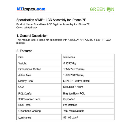 LCD  Plus Premium I-Phone 7 Plus Back Plate & Sticker MT Tech
