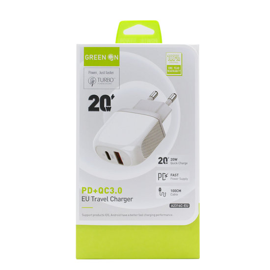 GREEN ON 20W Dual PD + QC3.0 Travel Charger A2316C-EU