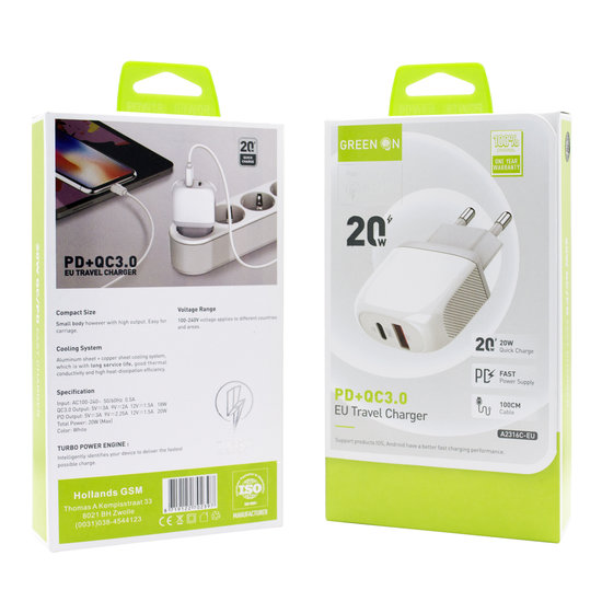 GREEN ON 20W Dual PD + QC3.0 Travel Charger A2316C-EU