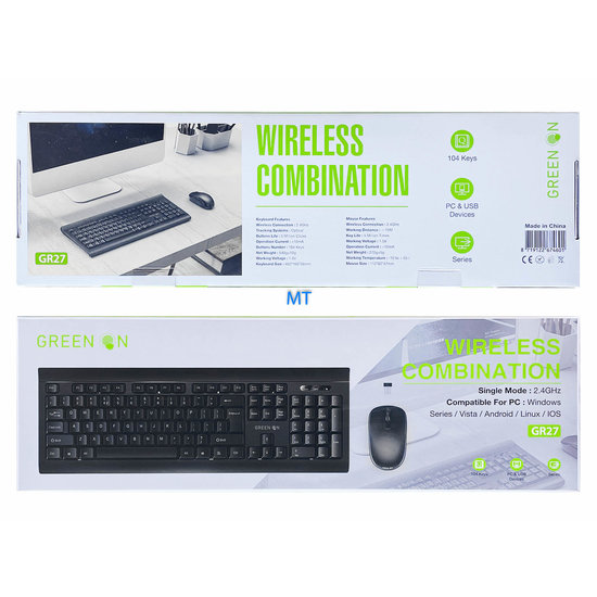 GREEN ON Wireless Keyboard & Mouse QWERTY US Set 2,4GHz GR27