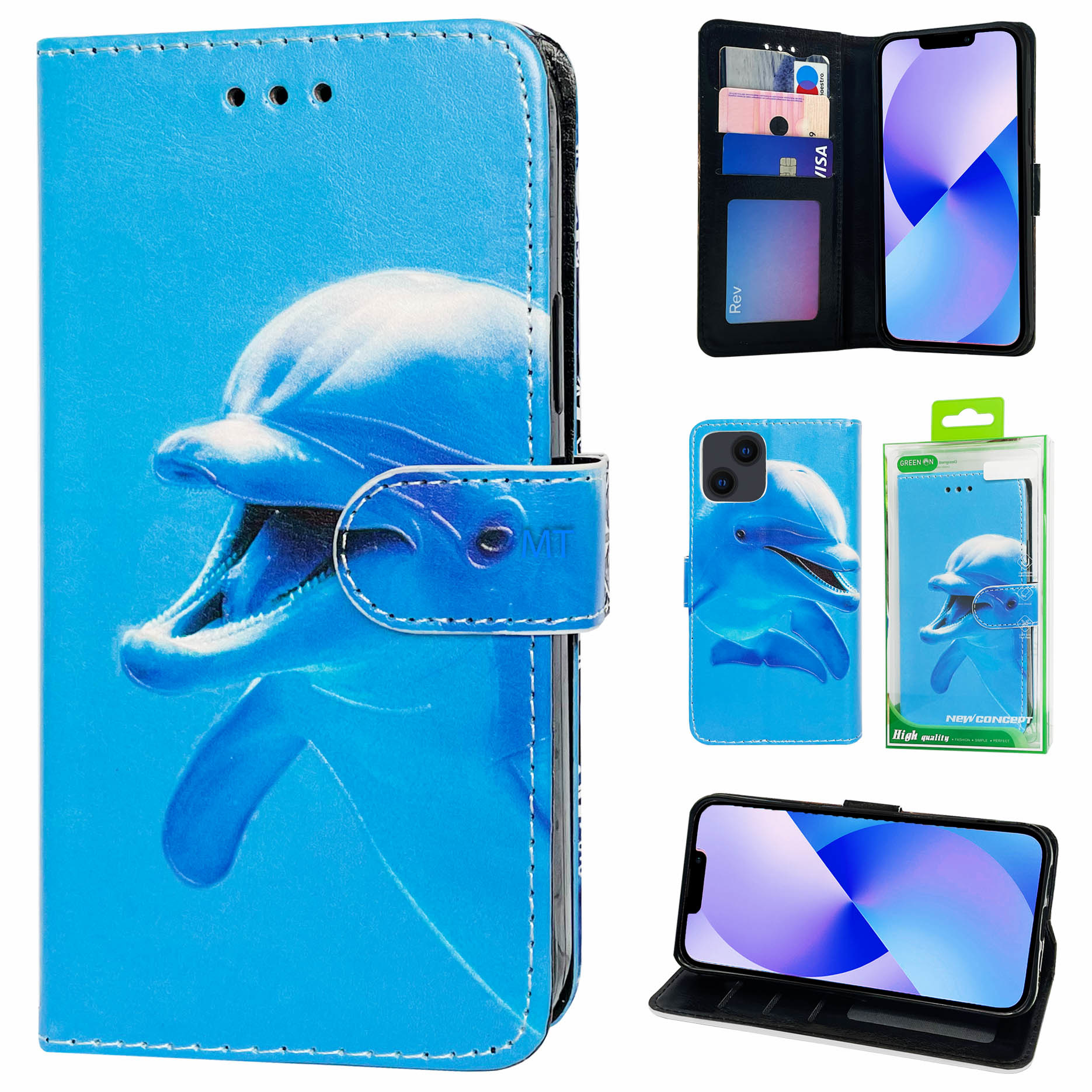 GREEN ON 3D Print Wallet Case Dolphin Galaxy A54 5G