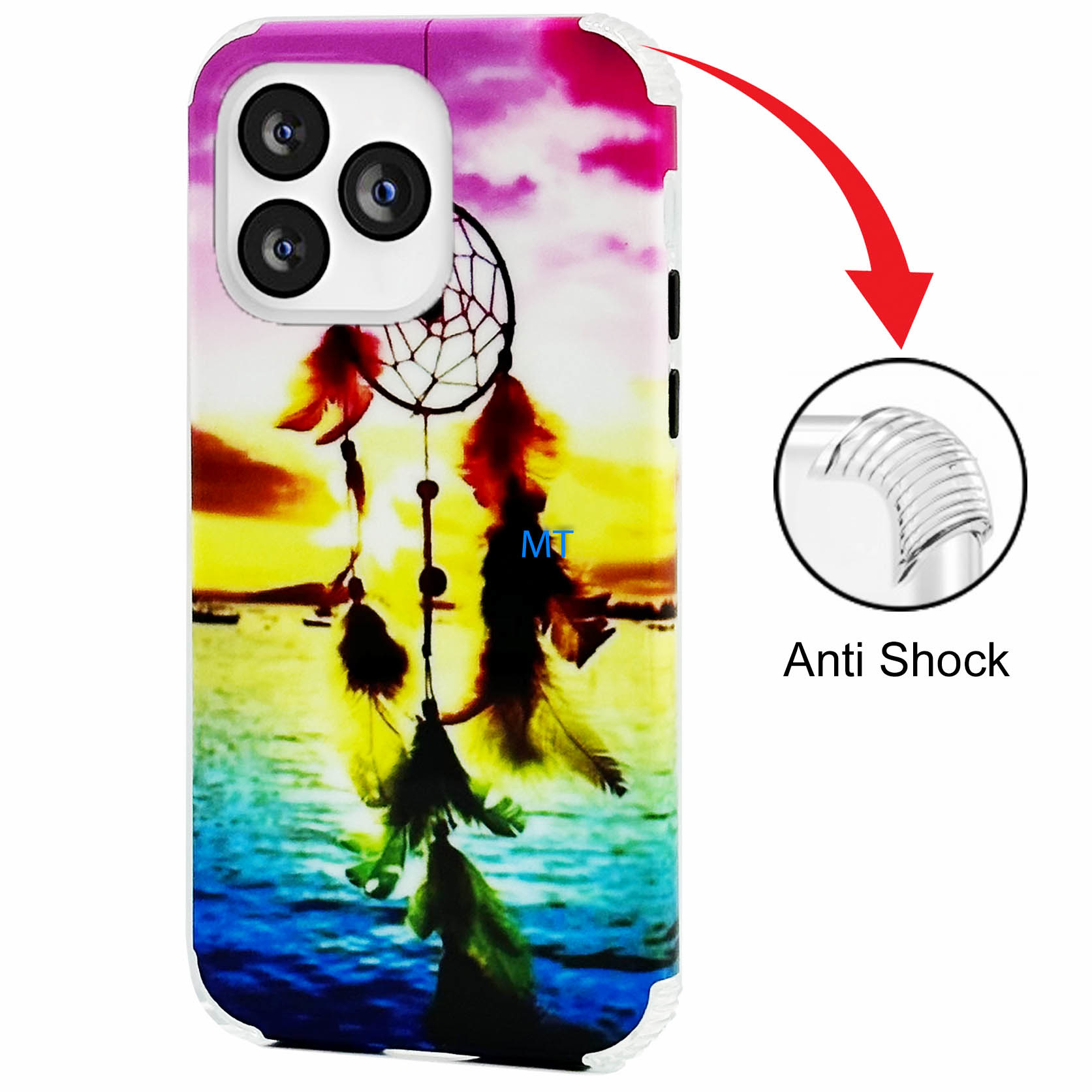 GREEN ON Print Silicone Case Anti Shock Pink Sky Feather IPhone 13