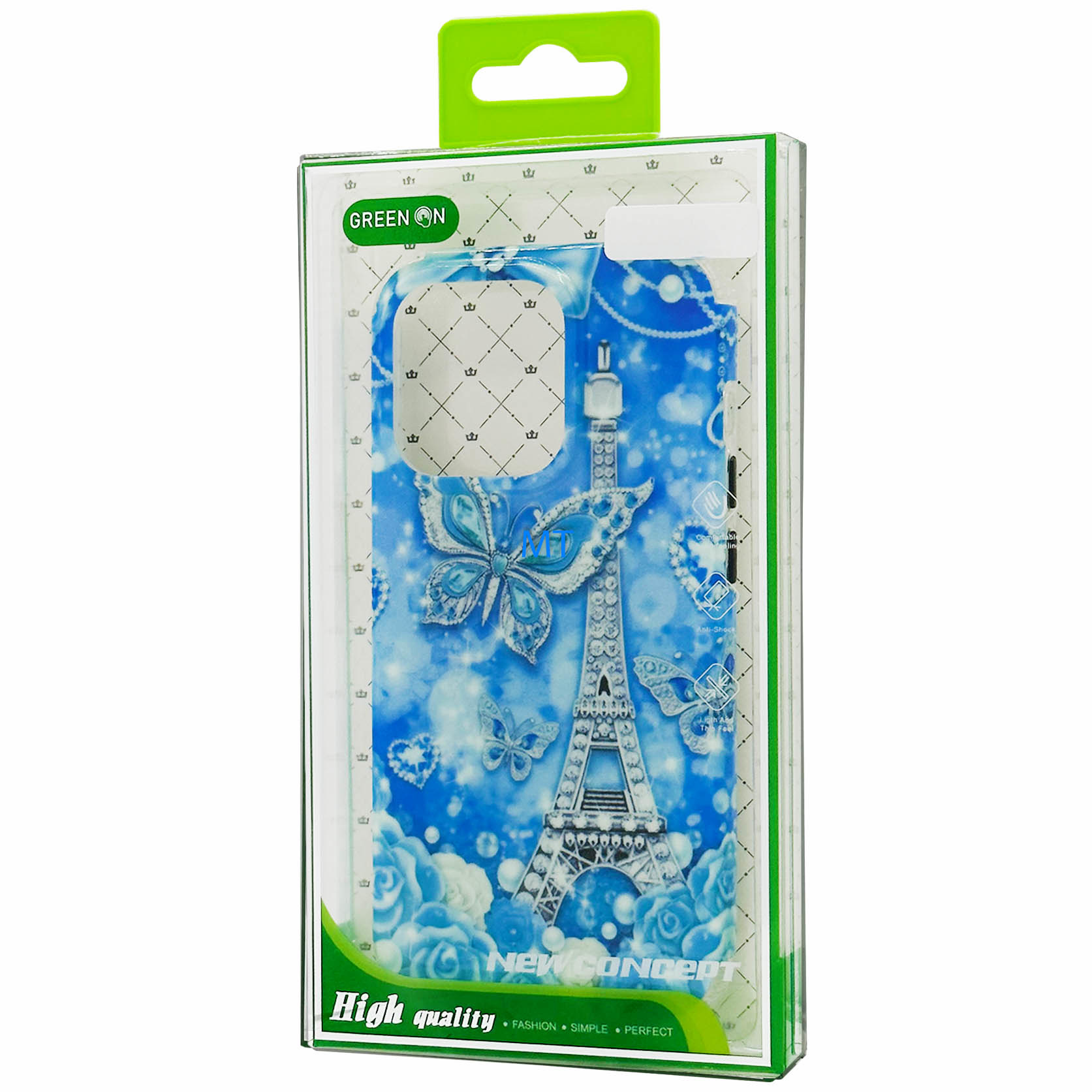 GREEN ON Print Silicone Case Anti Shock Blue Butterfly IPhone 14, foto 2 van 3