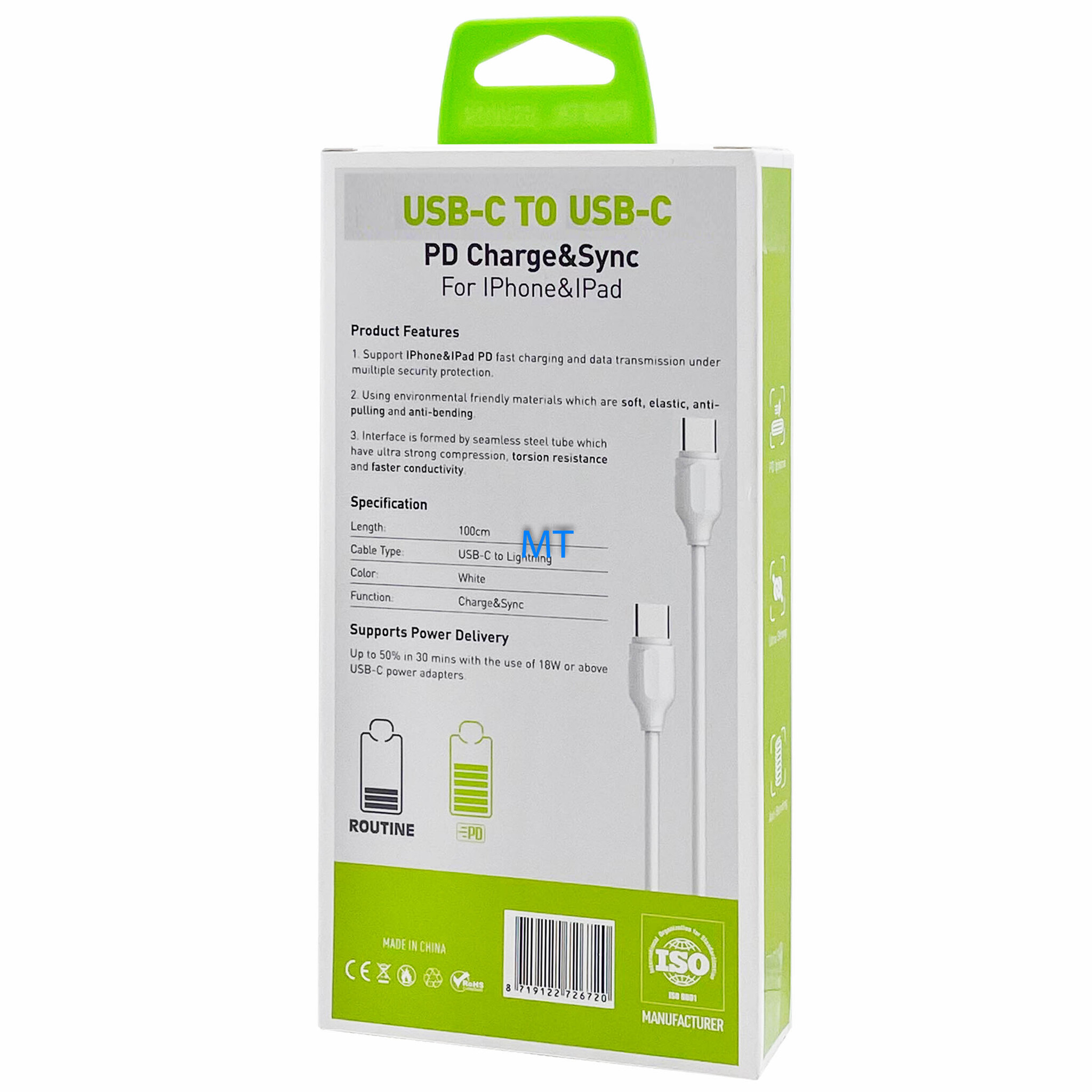 GREEN ON Fast USB-C To USB-C Cable 65W LS371 1M, foto 5 van 5