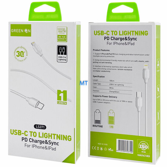 GREEN ON Fast  USB-C To Lightning Cable 30W LS371 1M