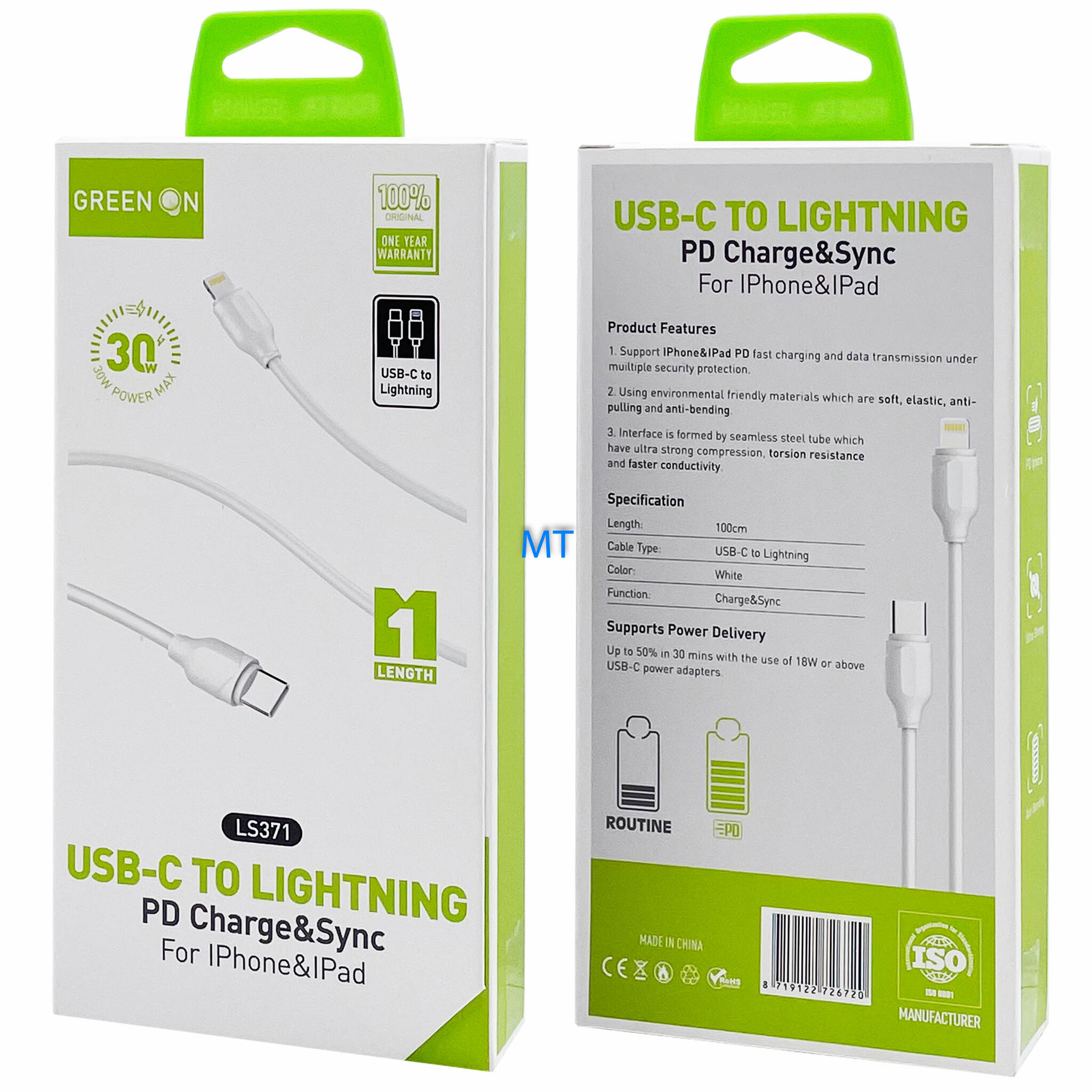 GREEN ON Fast USB-C To Lightning Cable 30W LS371 1M