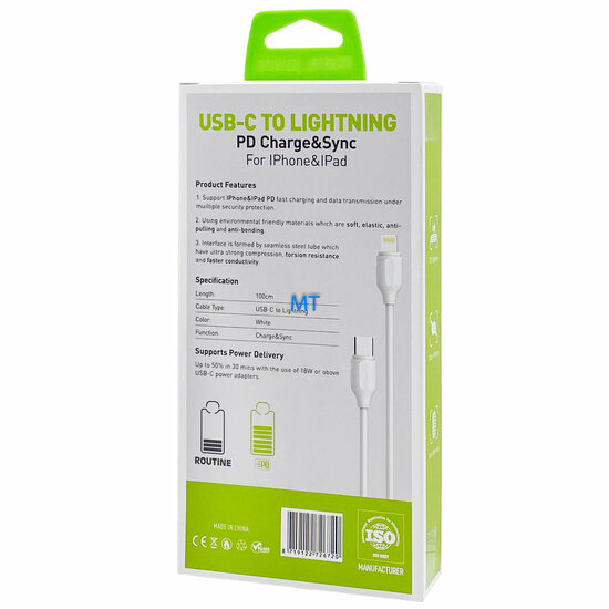 GREEN ON Fast  USB-C To Lightning Cable 30W LS371 1M