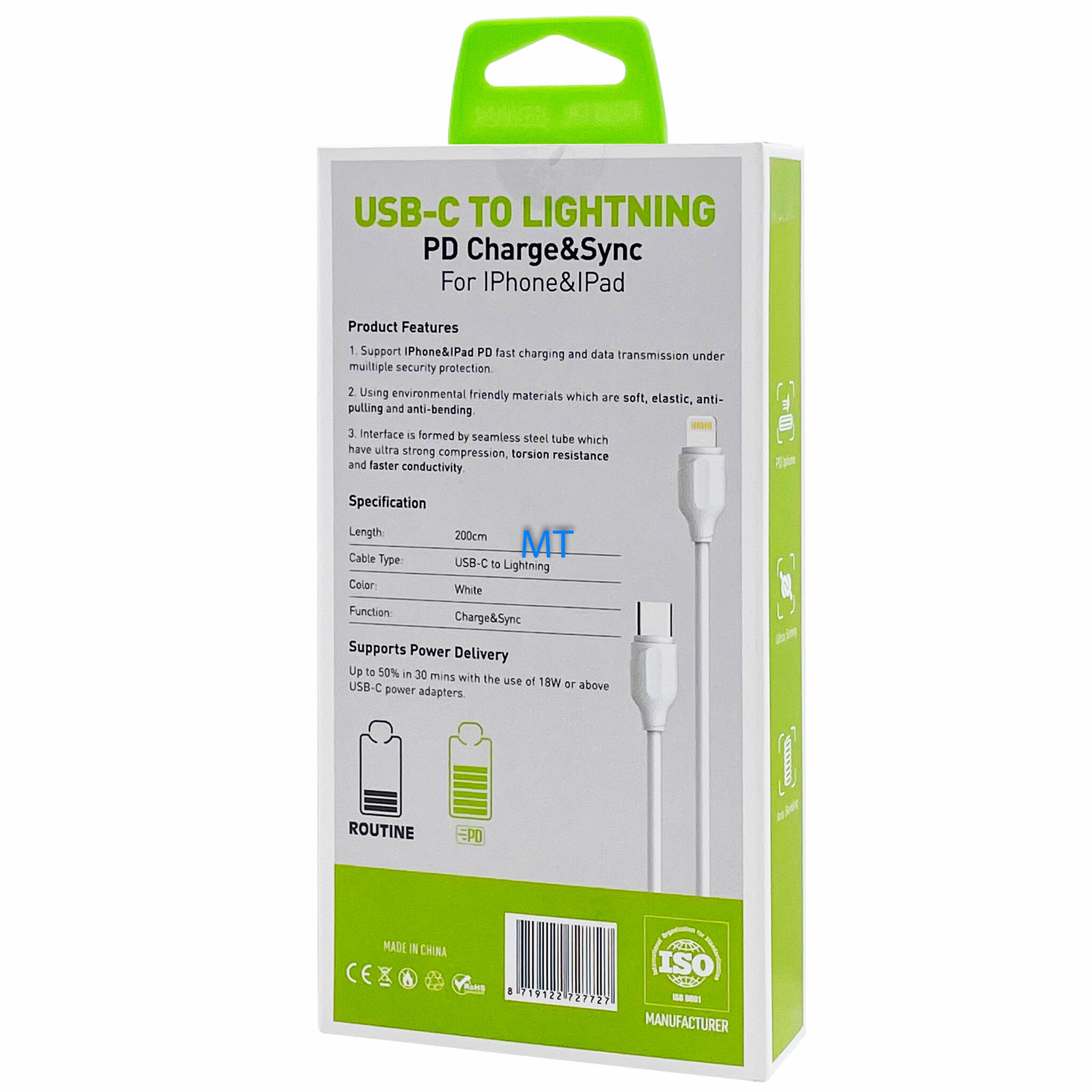 GREEN ON Fast USB-C to Lightning Cable 30W LS372 2M, foto 5 van 5