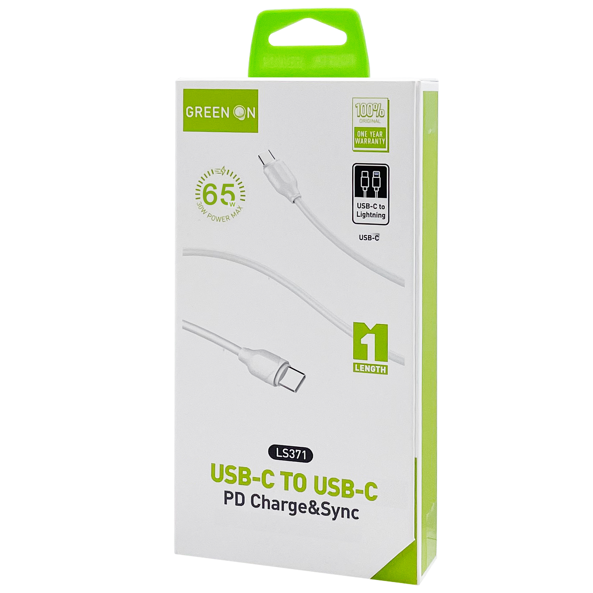 GREEN ON Fast USB-C To USB-C Cable 65W LS371 1M, foto 4 van 5