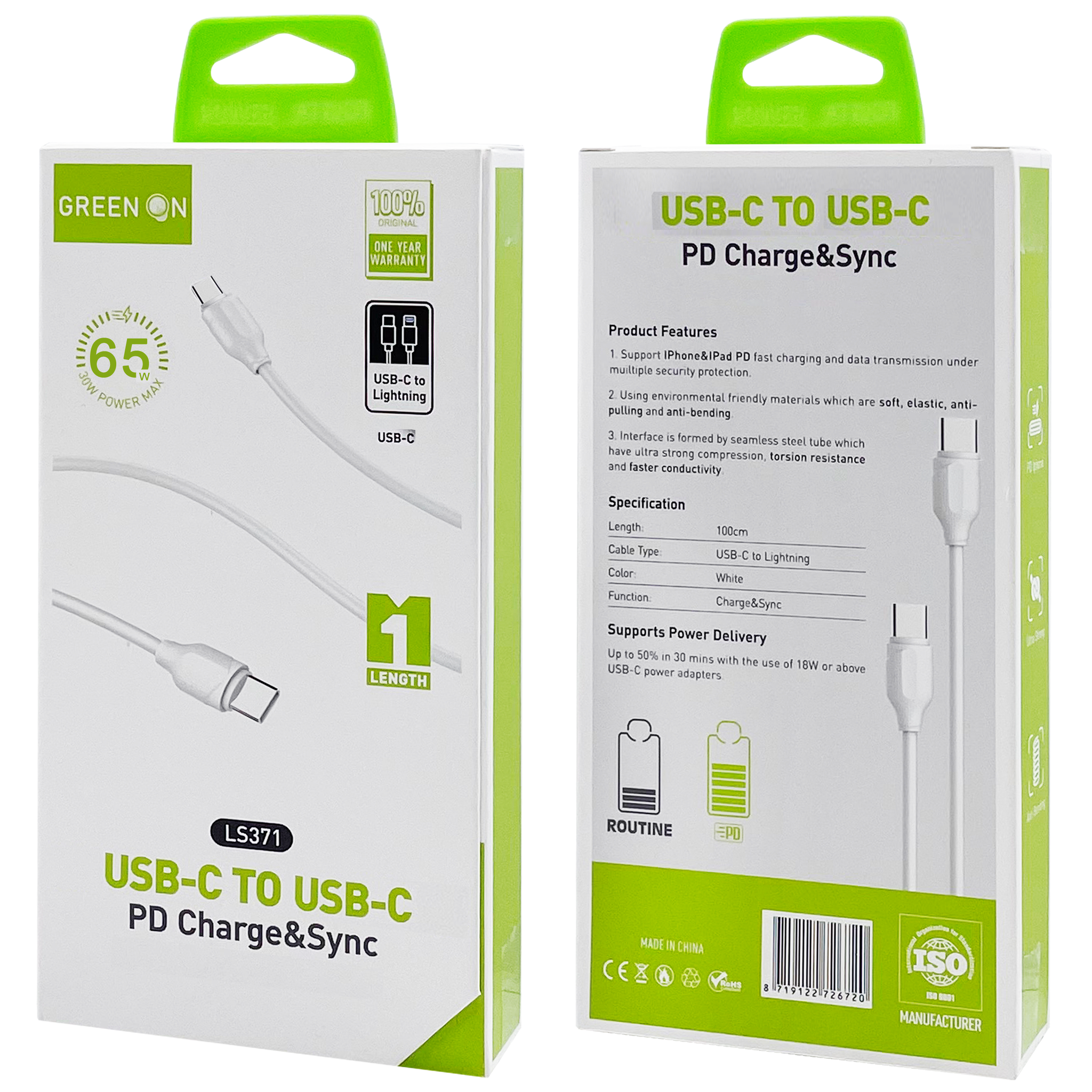 GREEN ON Fast USB-C To USB-C Cable 65W LS371 1M