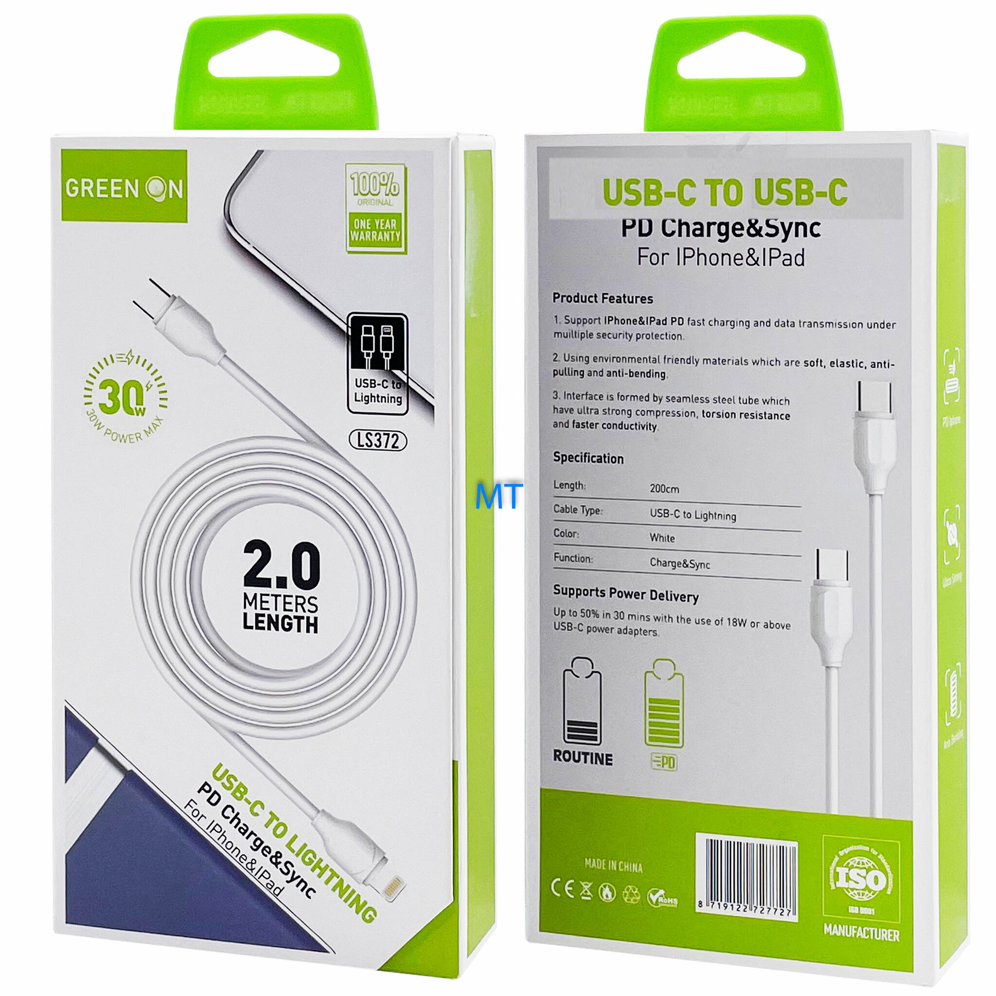 GREEN ON Fast USB-C to Lightning Cable 30W LS372 2M