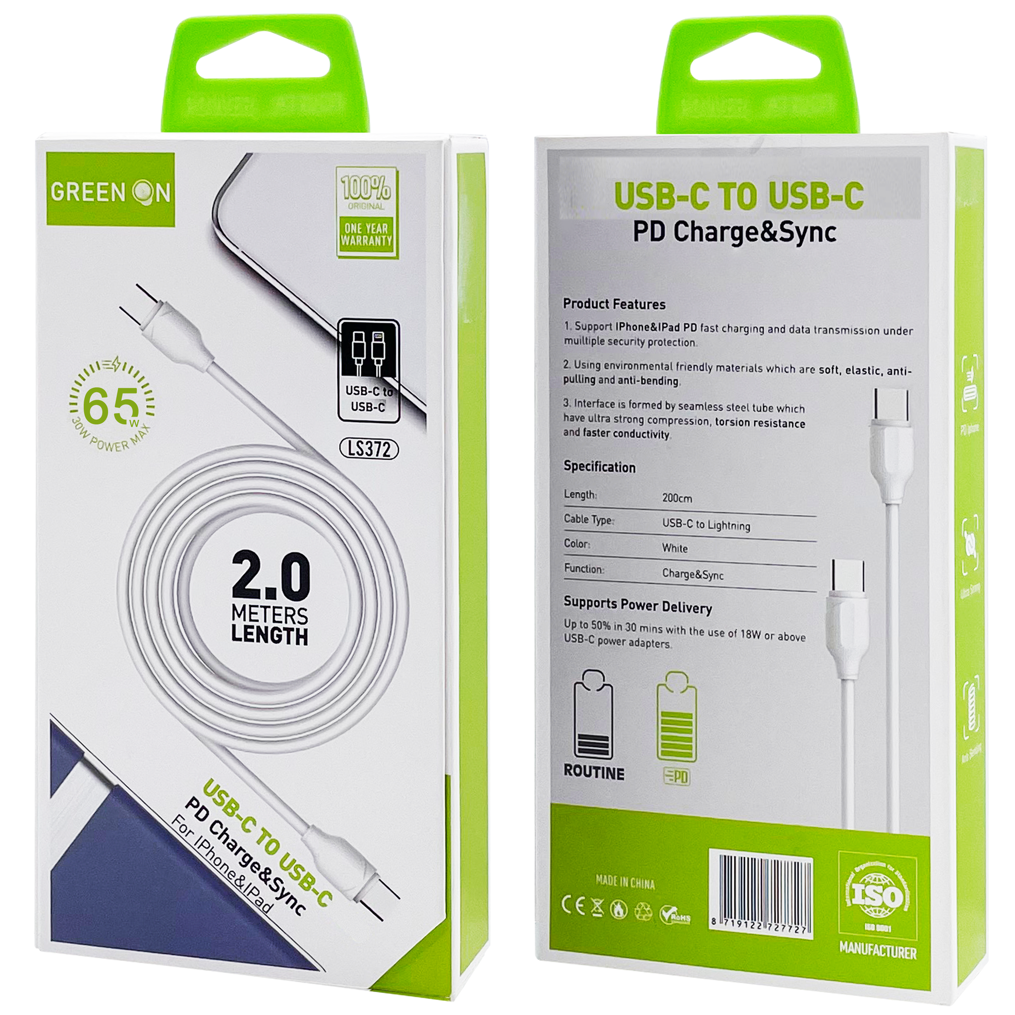 GREEN ON Fast USB-C to USB-C Cable 65W LS372 2M