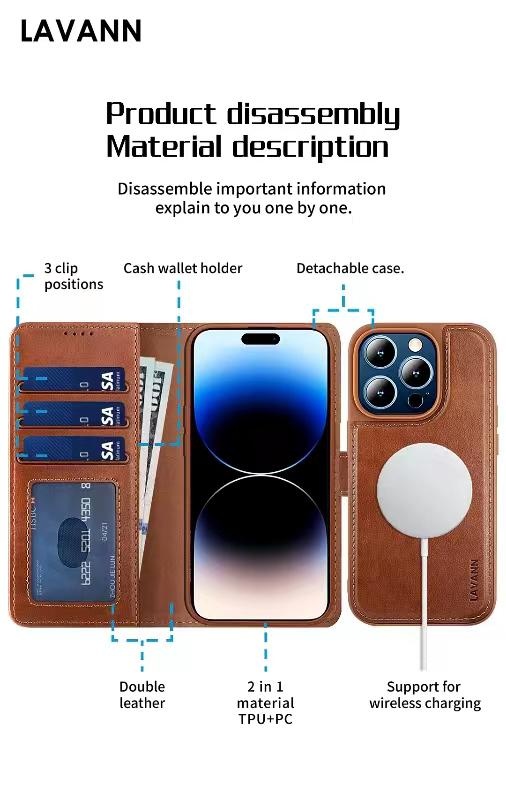 Lavann 2 in 1 Magnetic Leather Bookcase For IPhone 14 Pro Max, foto 4 van 6