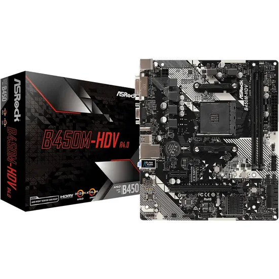 ASrock AMD AM4 B450M-HDV R4.0 HDV R4.0 MT-ATX, 2xD4 3200 4.SATA 3, 6xUSB3.1,
