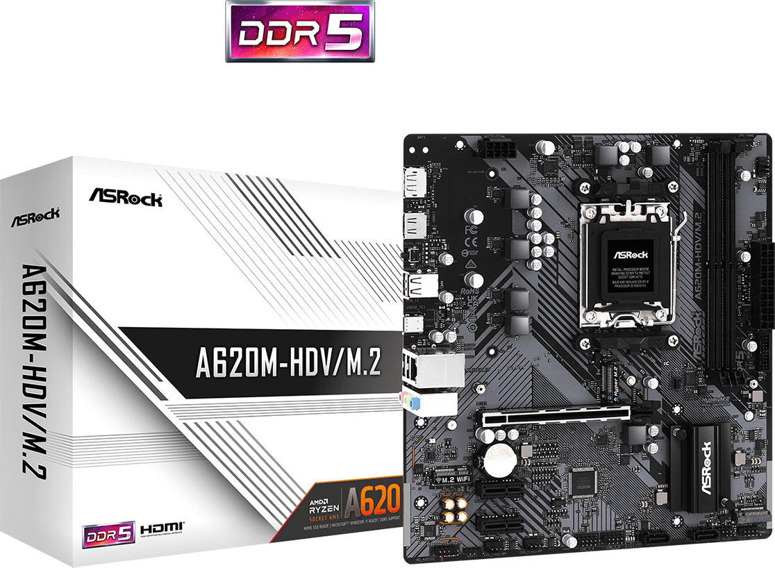 ASrock AMD AM5 A620M-HDV/M.2 M-ATX, 2xD5, 5600 1xPCEe4.0x16, 1xM.2 3xUSB3.2