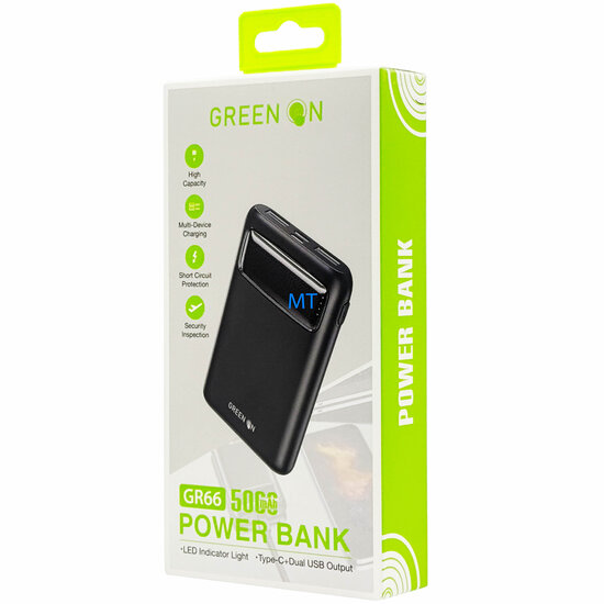 POWERBANK    GREEN ON 5000mAh GR66  Type C  / Dual USB Output LED Light  POWERBANK