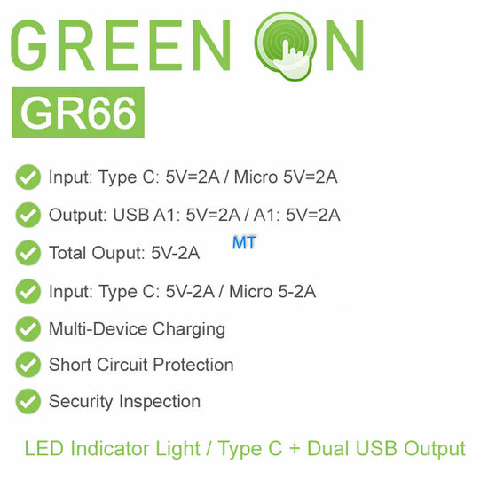POWERBANK    GREEN ON 5000mAh GR66  Type C  / Dual USB Output LED Light  POWERBANK