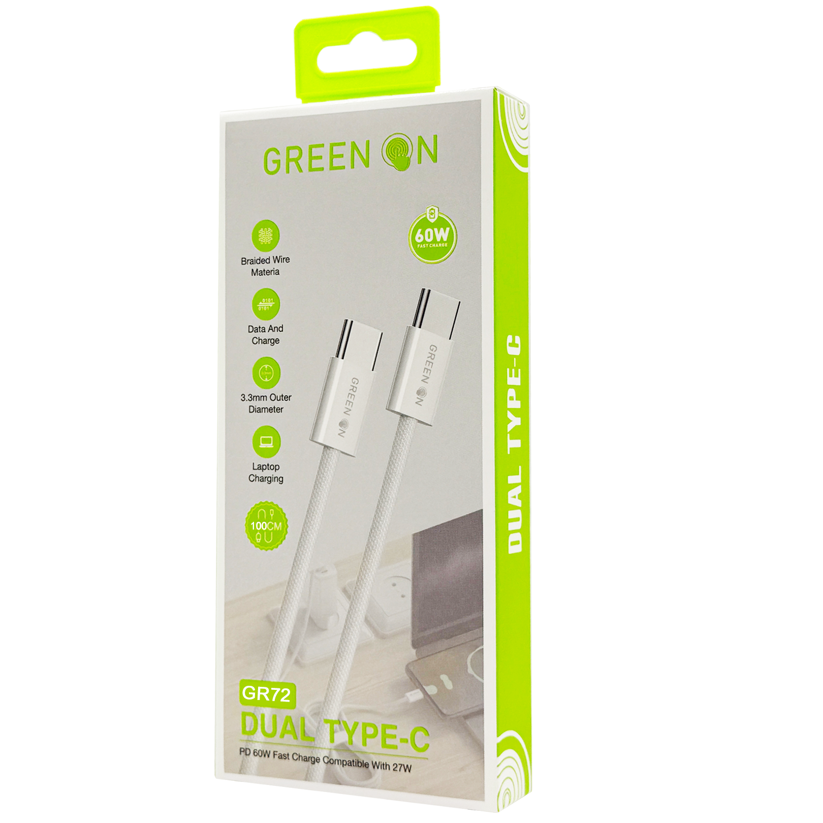 GREEN ON Braided Wire USB-C to USB-C Cable 60W 1.2M GR72, foto 3 van 6
