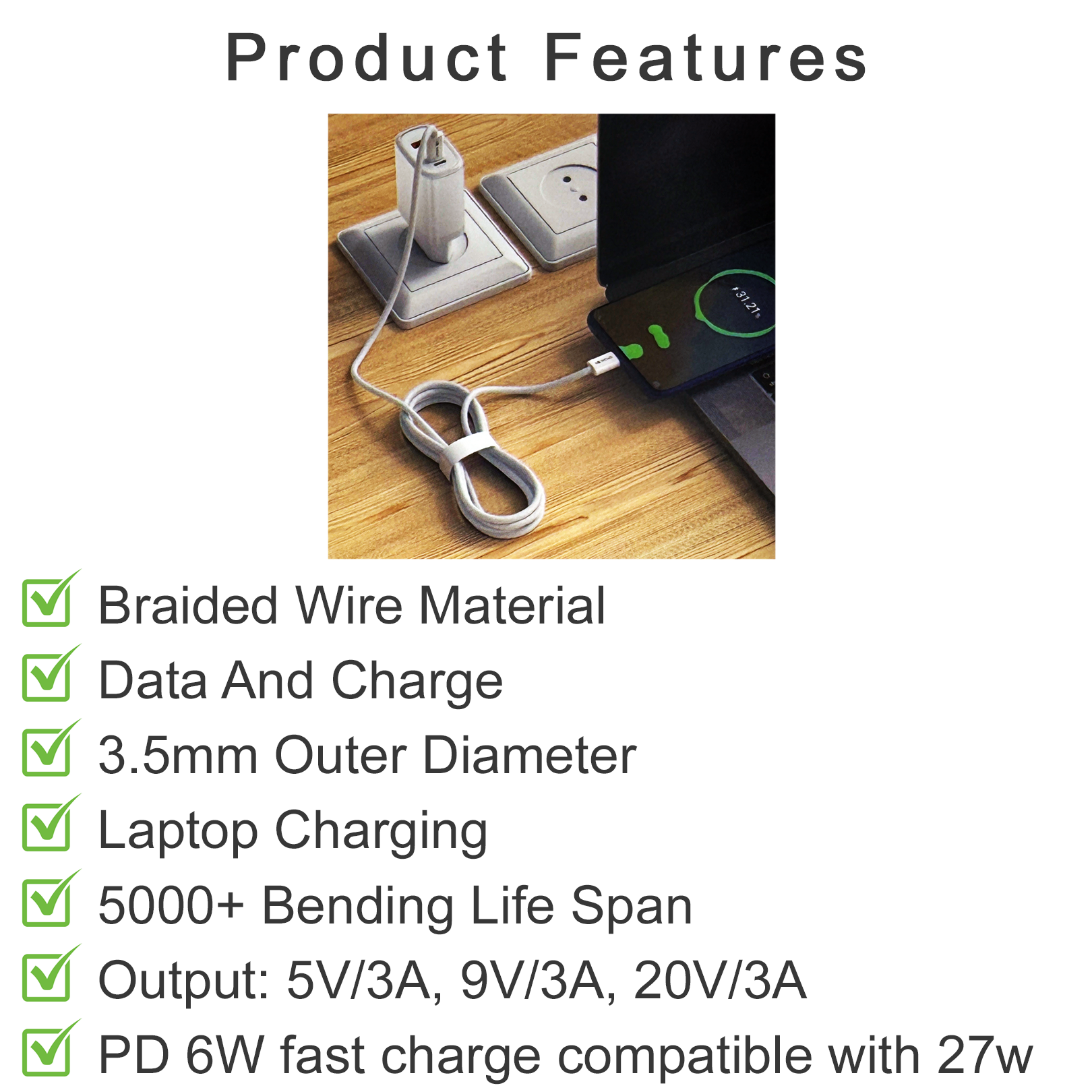 GREEN ON Braided Wire USB-C to USB-C Cable 60W 1.2M GR72, foto 5 van 6