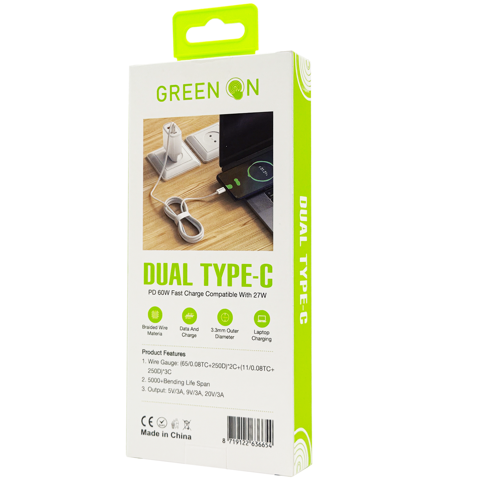 GREEN ON Braided Wire USB-C to USB-C Cable 60W 2M GR71, foto 4 van 6
