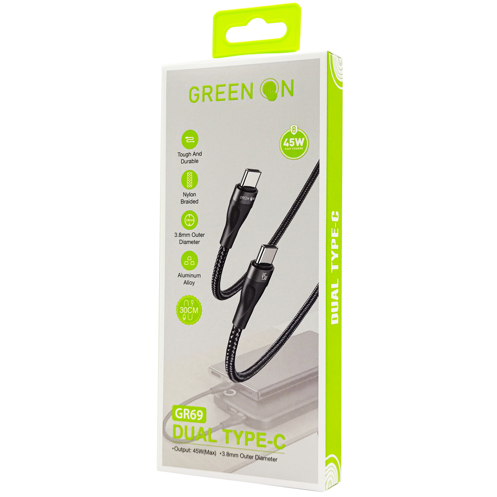 GREEN ON USB-C To USB -C Data Cable Nylon 45W 30cm GR69, foto 2 van 5