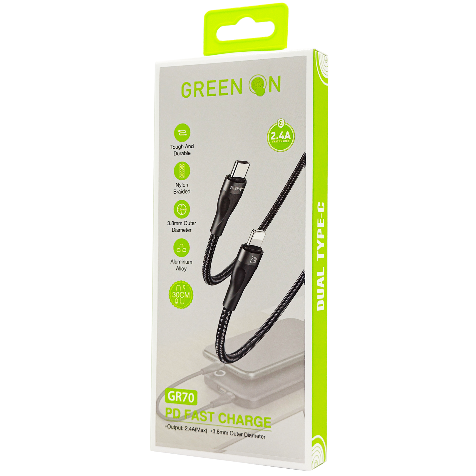 GREEN ON Type-C To Lightning Data Cable Fast Charge 2.4A 30cm GR70, foto 2 van 5