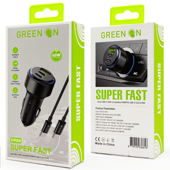 GREEN ON Super Fast Car Charger 60W + USB-C to USB-C 1M Cable GR68